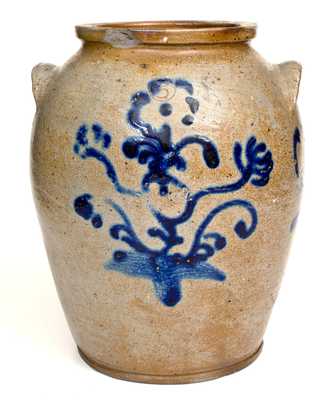 Outstanding Baltimore Stoneware Jar w/ Abstract Slip-Trailed Floral Decoration, c1825