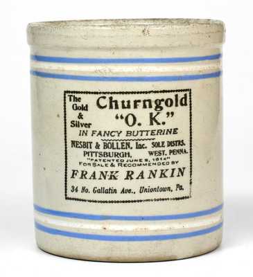 Small Bristol-Slip Stoneware Jar with Uniontown, PA Advertising