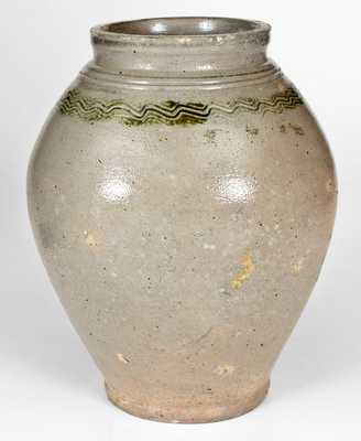 Unusual 18th Century Manhattan, NY Stoneware Jar w/ Combed and Brushed Green Decoration