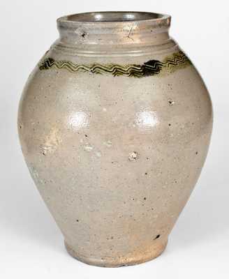 Unusual 18th Century Manhattan, NY Stoneware Jar w/ Combed and Brushed Green Decoration