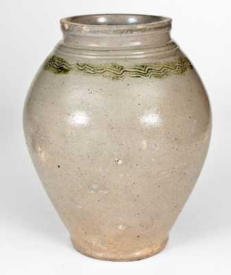 Unusual 18th Century Manhattan, NY Stoneware Jar w/ Combed and Brushed Green Decoration