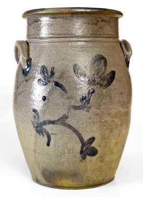 Unusual 2 Gal. Western PA Stoneware Jar with Brushed Floral Decoration