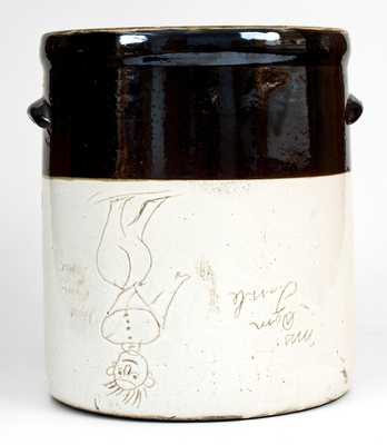 Unusual Brown and White People Crock Inscribed 