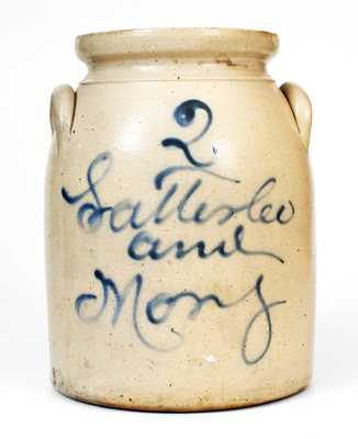 2 Gal. Satterlee and Mory Stoneware Jar with Cobalt Script Signature