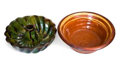 Lot of Two: Redware Bowl w/ Slip Decoration, Green and Brown Redware Cake Mold