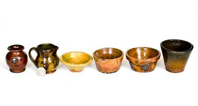 Lot of Six: Small-Sized Redware Pitcher, Pots, and Cups