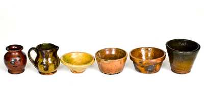 Lot of Six: Small-Sized Redware Pitcher, Pots, and Cups