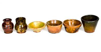 Lot of Six: Small-Sized Redware Pitcher, Pots, and Cups