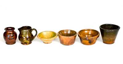 Lot of Six: Small-Sized Redware Pitcher, Pots, and Cups