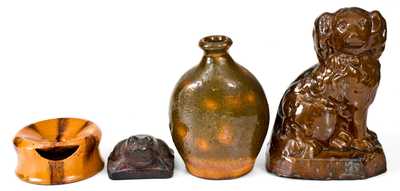Lot of Four: American Redware Spaniel, Ladies Spittoon, and Flask with Sewertile Frog