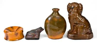 Lot of Four: American Redware Spaniel, Ladies Spittoon, and Flask with Sewertile Frog