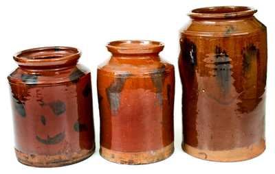 Lot of Three: Norwalk, Connecticut Redware Jars w/ Manganese Decoration