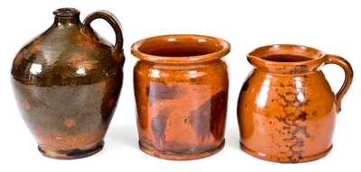 Lot of Three: Glazed Redware Jar, Jug, and Batter Pitcher