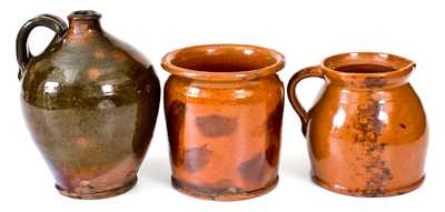 Lot of Three: Glazed Redware Jar, Jug, and Batter Pitcher