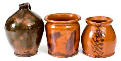 Lot of Three: Glazed Redware Jar, Jug, and Batter Pitcher