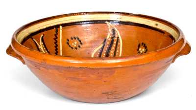Exceptional Redware Bowl with Three-Color Slip Decoration