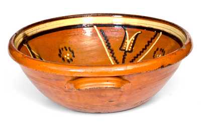 Exceptional Redware Bowl with Three-Color Slip Decoration