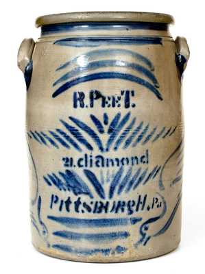 Exceptional R. Peet / Pittsburgh Stoneware Advertising Jar w/ Large Freehand Birds