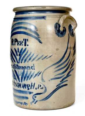 Exceptional R. Peet / Pittsburgh Stoneware Advertising Jar w/ Large Freehand Birds