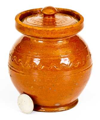 Very Unusual Small-Sized Redware Lidded Jar, 