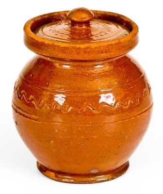 Very Unusual Small-Sized Redware Lidded Jar, "S. B. / Sept. 9th 1840" att. Samuel Baker