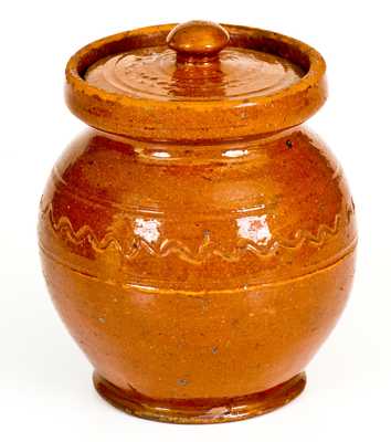 Very Unusual Small-Sized Redware Lidded Jar, "S. B. / Sept. 9th 1840" att. Samuel Baker