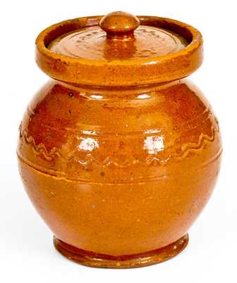 Very Unusual Small-Sized Redware Lidded Jar, 