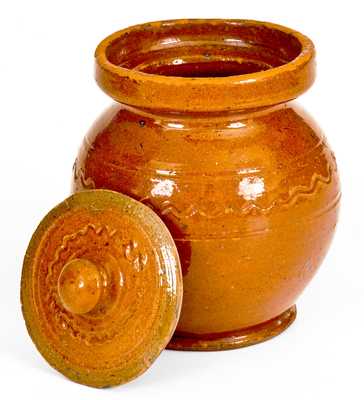 Very Unusual Small-Sized Redware Lidded Jar, 