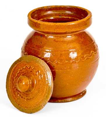 Very Unusual Small-Sized Redware Lidded Jar, "S. B. / Sept. 9th 1840" att. Samuel Baker