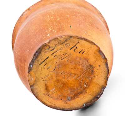 Unusual Small-Sized York Co, PA Redware Jar, "John Slothouer / March the 23rd 1828"