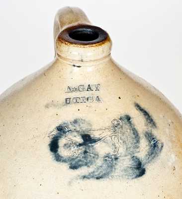 Extremely Rare 2 Gal. A. GAY / UTICA Stoneware Jug w/ Incised Dog