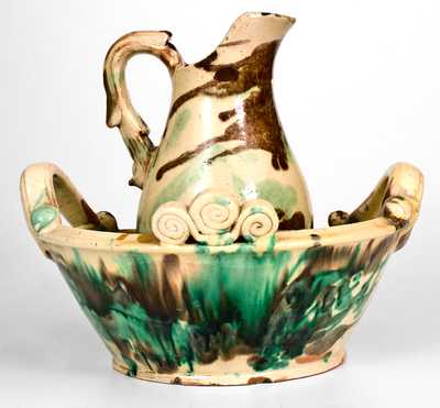 Fine Strasburg, VA Multi-Glazed Redware Pitcher and Washbowl Set
