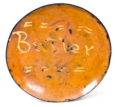 Rare Huntington, Long Island Slip-Decorated Redware Plate, Inscribed 