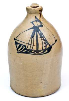 Exceptional Northeastern US Stoneware Jug w/ Folk Art Ship