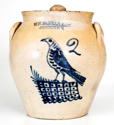 2 Gal. W. H. FARRAR & CO. / GEDDES, NY Stoneware Lidded Jar w/ Bird Decoration