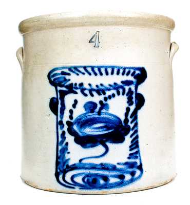 Unusual 4 Gal. New York Stoneware Crock with "Decorated Crock" Decoration
