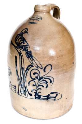 Rare and Exceptional S. D. KELLOGG/ WHATELY Stoneware Jug with Elaborate Bird Scene