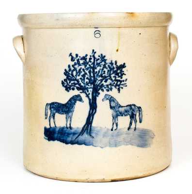 Rare 6 Gal. Somerset, MA Stoneware Crock w/ Stenciled Horse and Tree Decoration