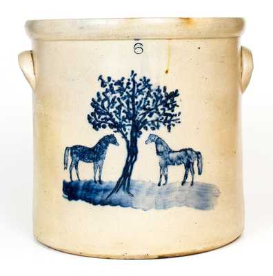 Rare 6 Gal. Somerset, MA Stoneware Crock w/ Stenciled Horse and Tree Decoration