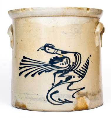 4 Gal. WHITES UTICA, NY Stoneware Crock with Slip-Trailed Bird Decoration