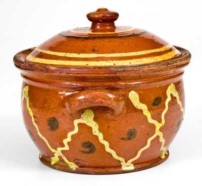 Unusual Pennsylvania Redware Sugar Bowl with Elaborate Multi-Colored Slip Decoration