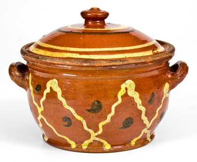 Unusual Pennsylvania Redware Sugar Bowl with Elaborate Multi-Colored Slip Decoration