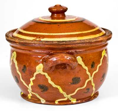 Unusual Pennsylvania Redware Sugar Bowl with Elaborate Multi-Colored Slip Decoration