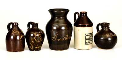 Lot of Five: Miniature Albany-Slip Stoneware Advertising Jugs with Urn