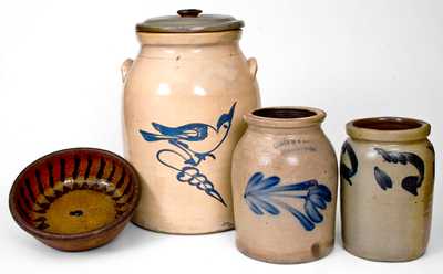 Lot of Five: Jars by COWDEN & WILCOX, FULPER, and REMMEY, Lid, and Redware Bowl