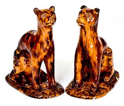 Exceedingly Rare and Important Pair of Redware Cat Figures att. Solomon Bell, Strasburg, VA