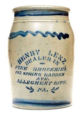 HENRY LENZ / ALLEGHENY CITY, PA Stoneware Jar with Stenciled Advertising
