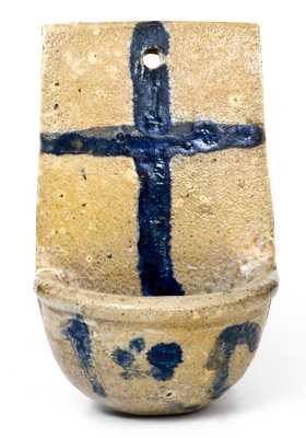 Very Rare and Important Stoneware Holy Water Font w/ Cobalt Cross and Floral Decoration