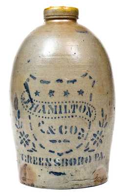 J. HAMILTON & CO. / GREENSBORO, PA Stoneware Jug w/ Shield and Stars Decoration