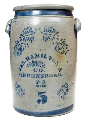 5 Gal. JAS. HAMILTON & CO. / GREENSBORO, PA Stoneware Jar w/ Stenciled Decoration
